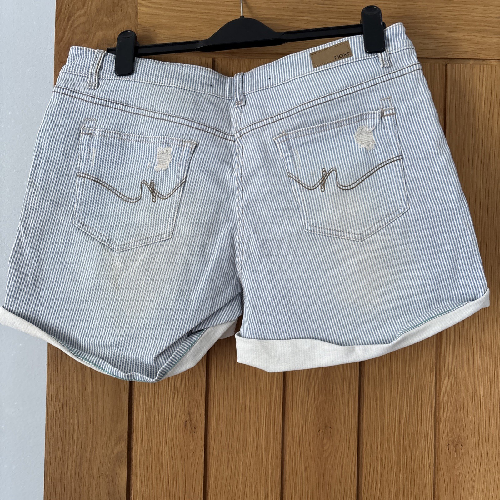 Next Light Wash Striped Distressed Denim Shorts Size 16 BNWOT