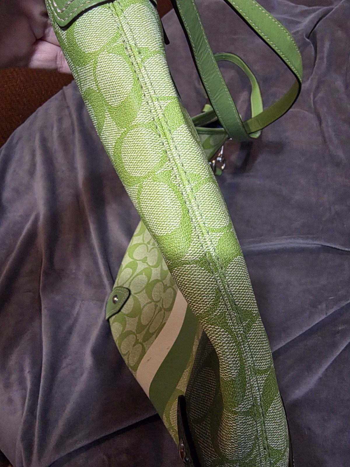 Vintage Coach Heritage Stripe hobo bag in a lime green & white signature canvas