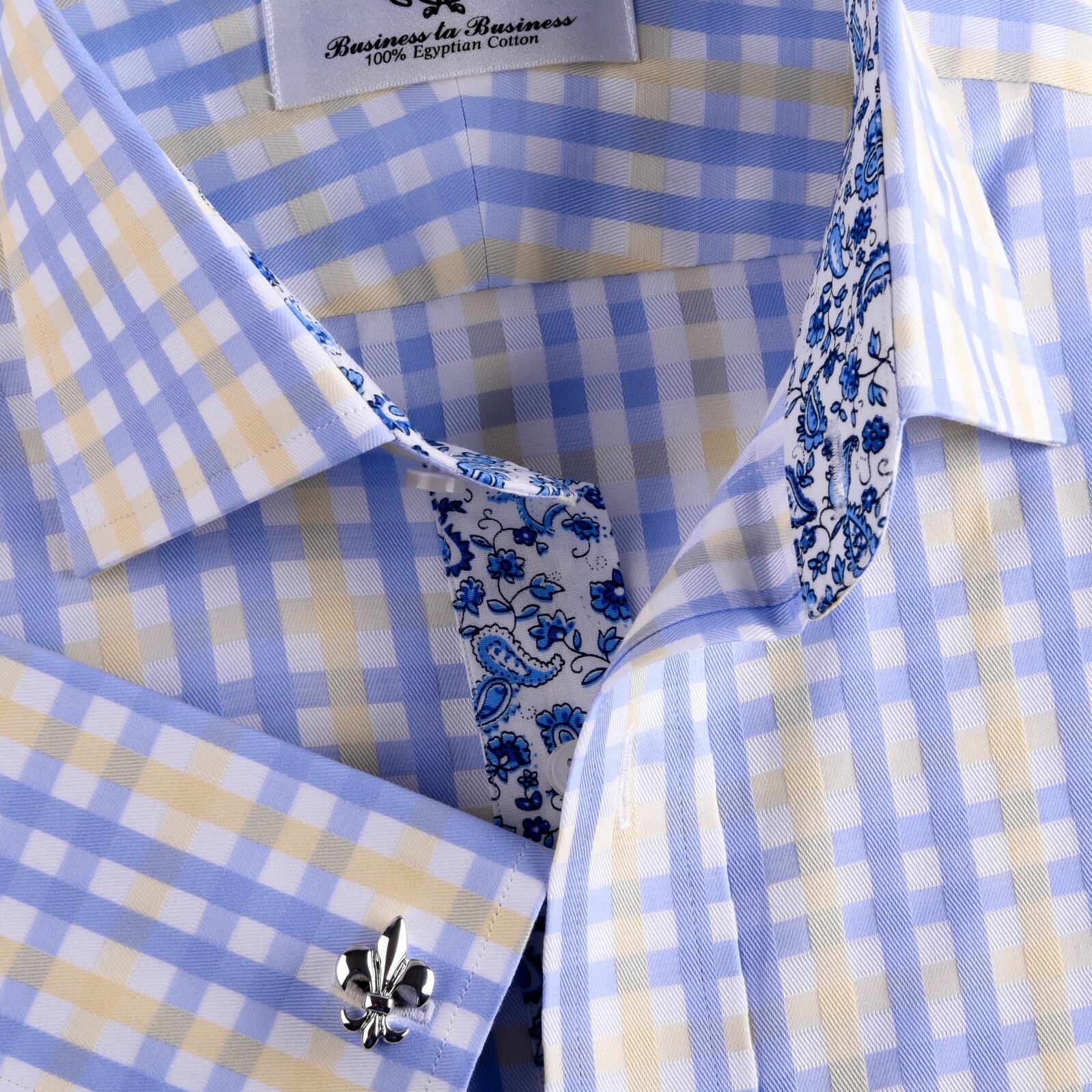 Blue & Yellow Check Formal Business Dress Shirt Paisley inner Lining Elegant