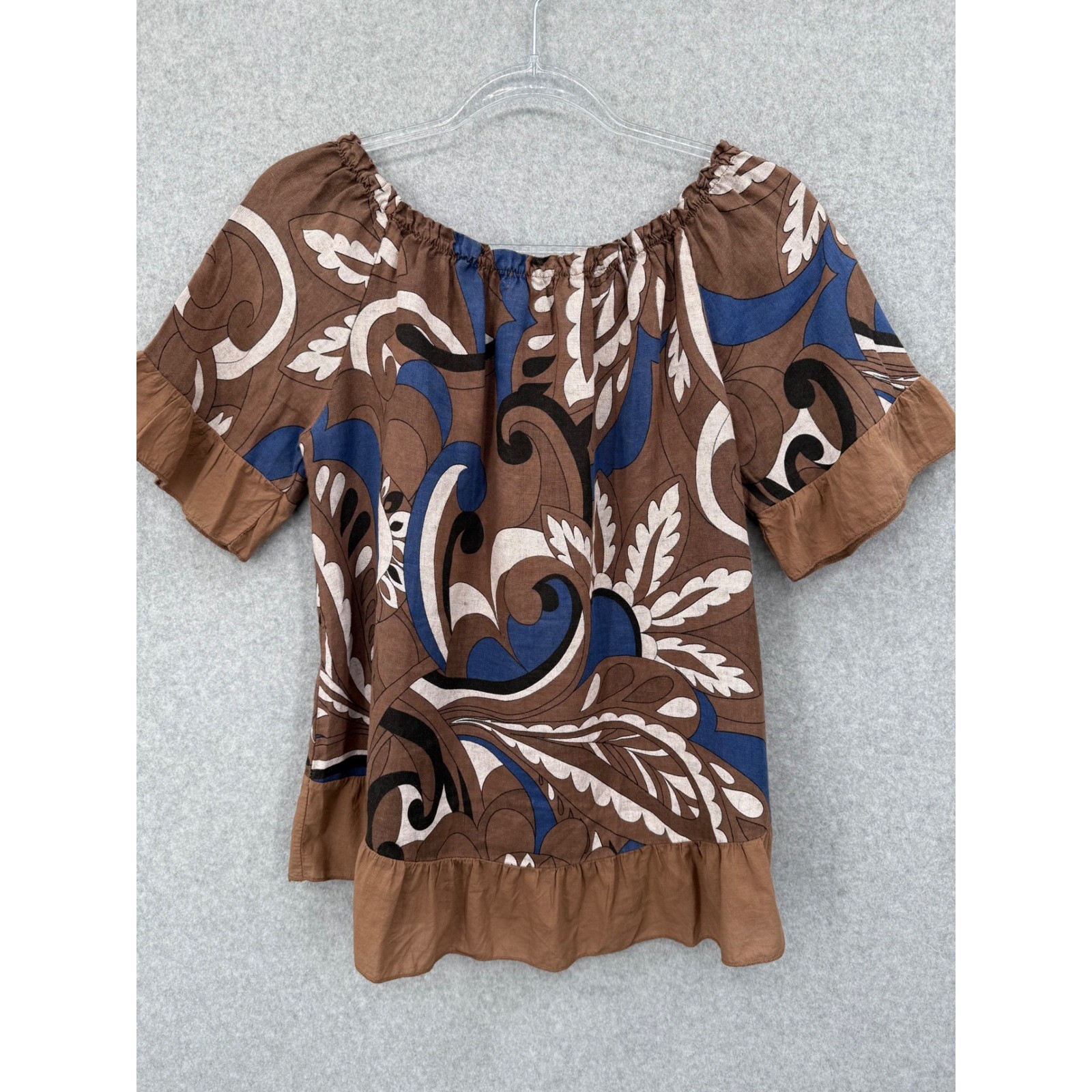 Terzo Millennio Blouse Women Small Brown Abstract Paisley Ruffle Linen Italy