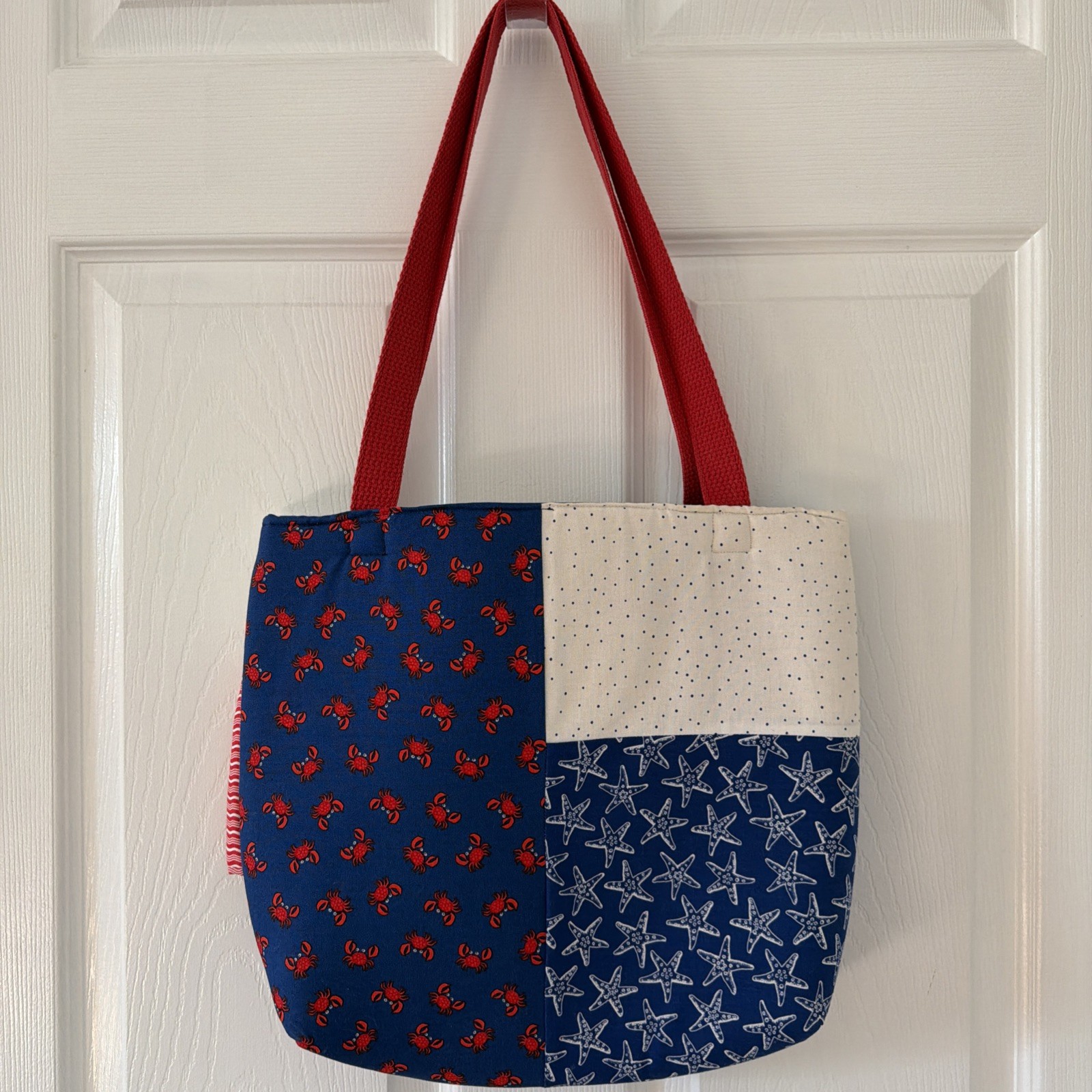 Handmade Patriotic Nautical Handbag Tote Red White Blue Starfish Crab Stripe Bow