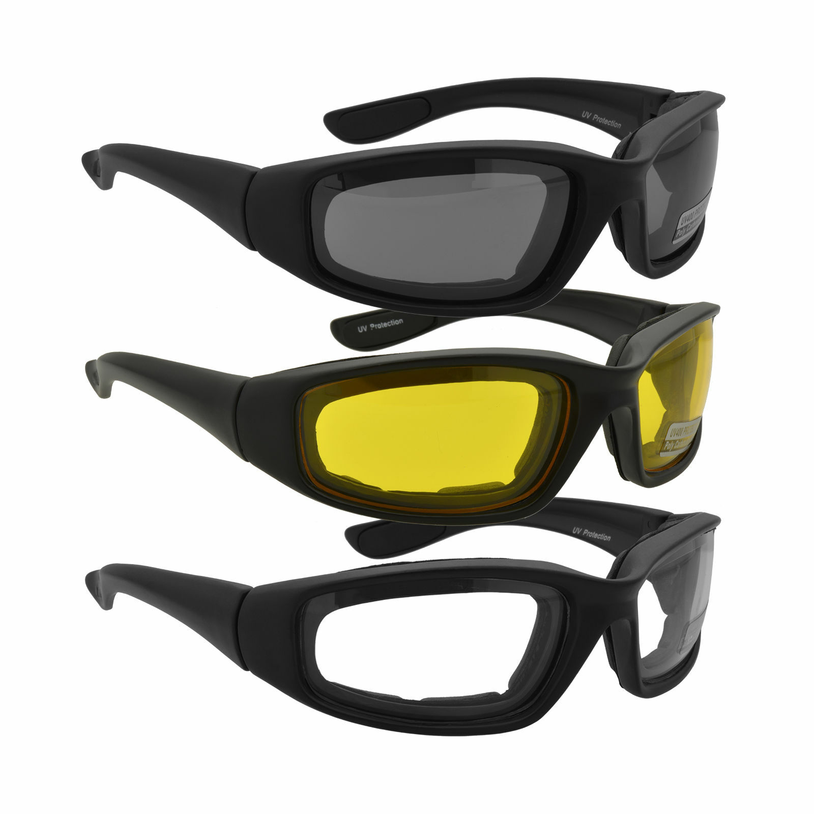 3 Pair Chopper Riding Motorcycle Glasses Clear Smoke Yellow, Padded, Comfortable