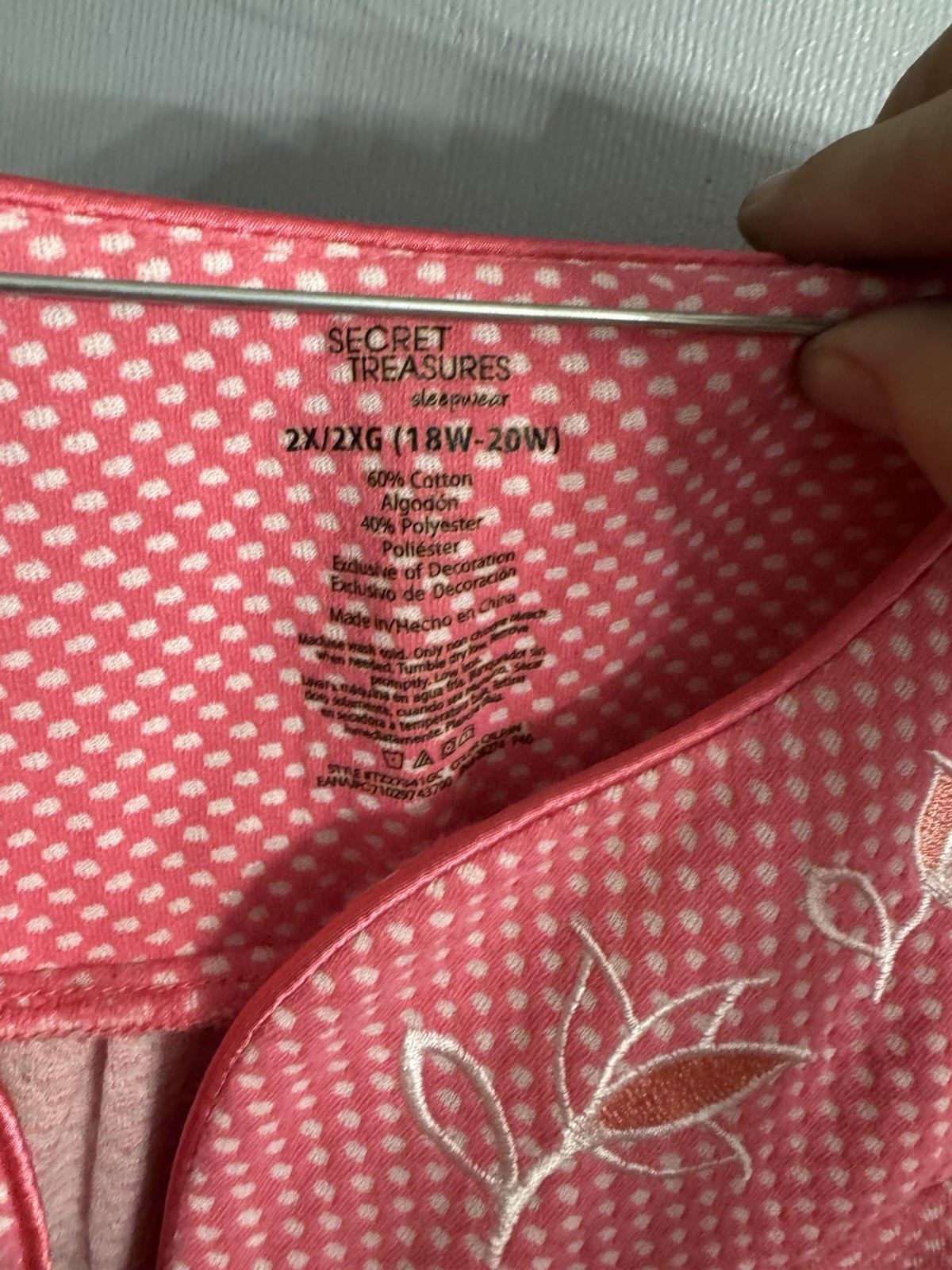 Secret Treasures Women’s Plus 2X Pink Polka Dot V-Neck Nightgown Embroidered