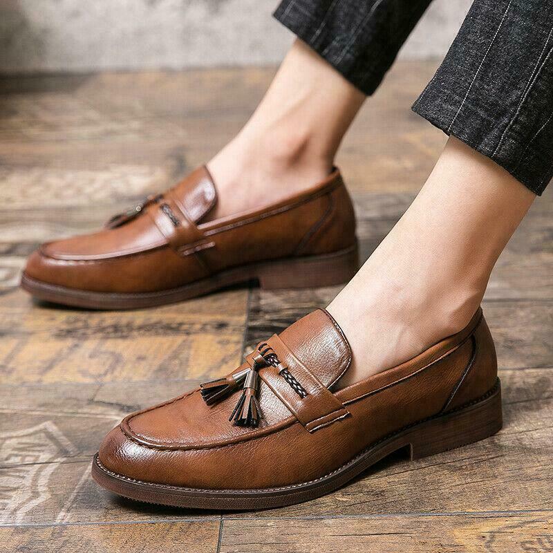 Retro Mens Tassels Loafers Formal Business Work Office Faux Leather Shoes Size
