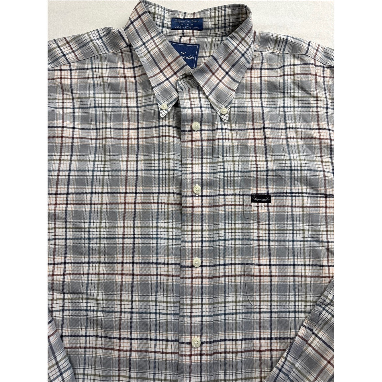 Faconnable Men’s Long-Sleeve Button-Down Plaid Shirt – Light Gray/Blue XL