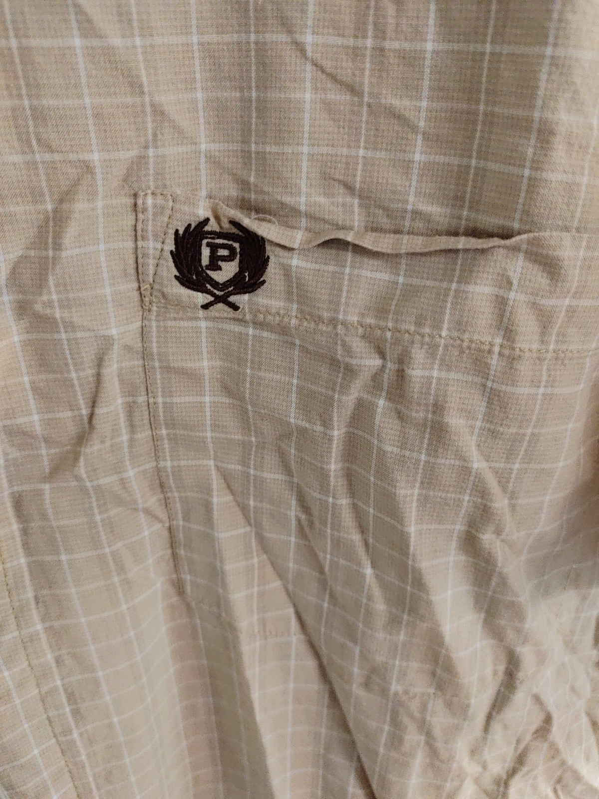 Phat Farm Men’s 3XL Short Sleeve Button Up Shirt Beige White Plaid Hip Hop Y2K
