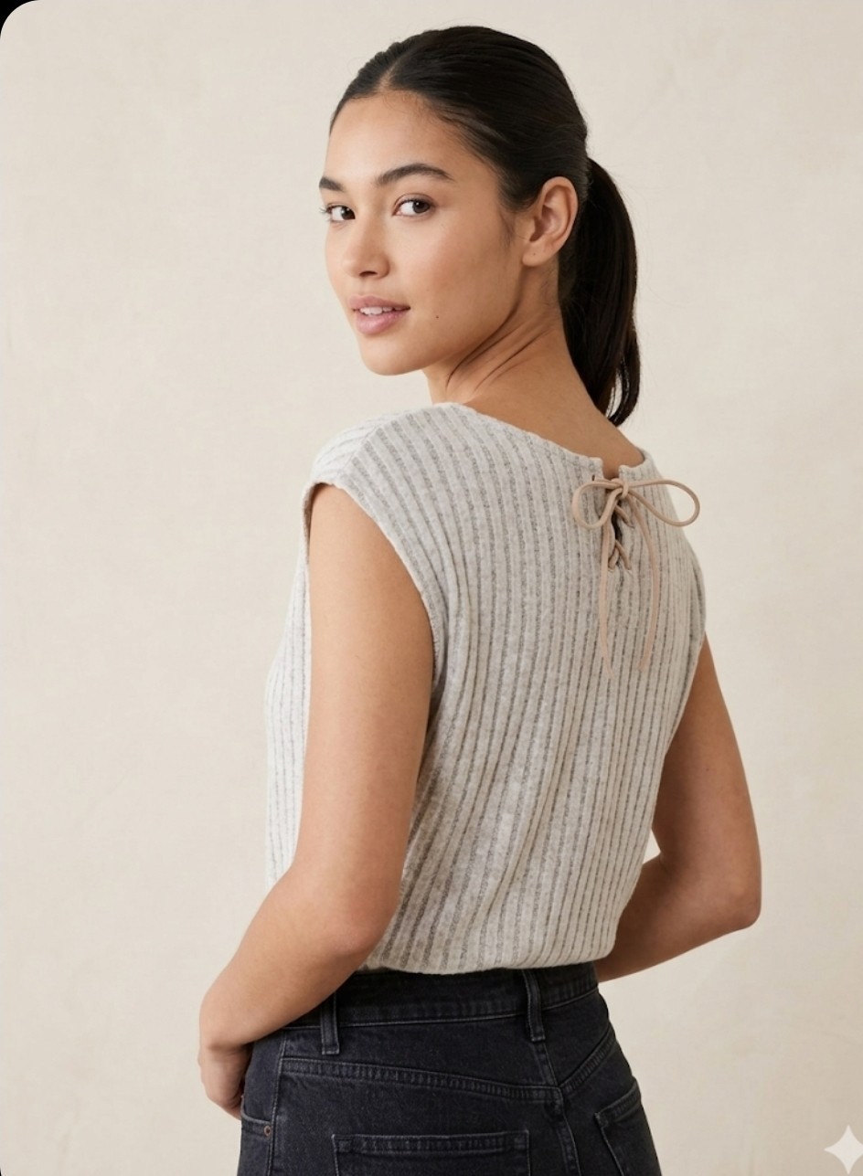 Gray White Striped Knit Lace-Up Back Sleeveless Blouse for Women