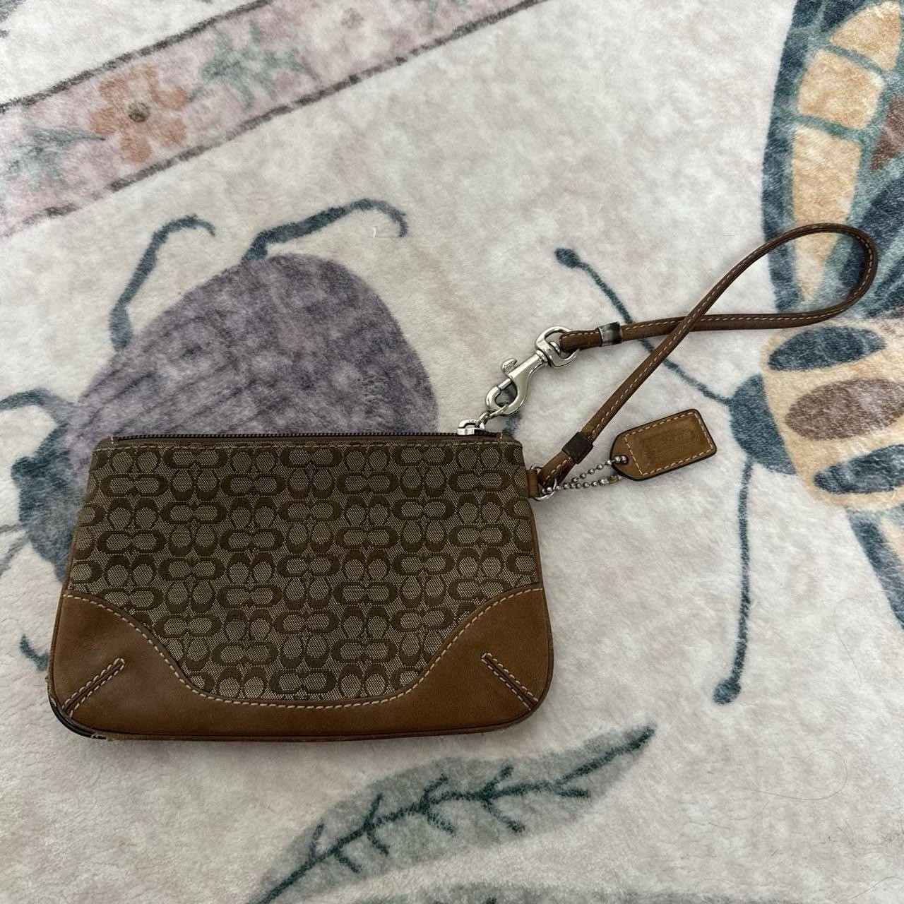 Coach Signature Brown Tan Wristlet Zip Wallet w/ Wrist Strap & Card Slots