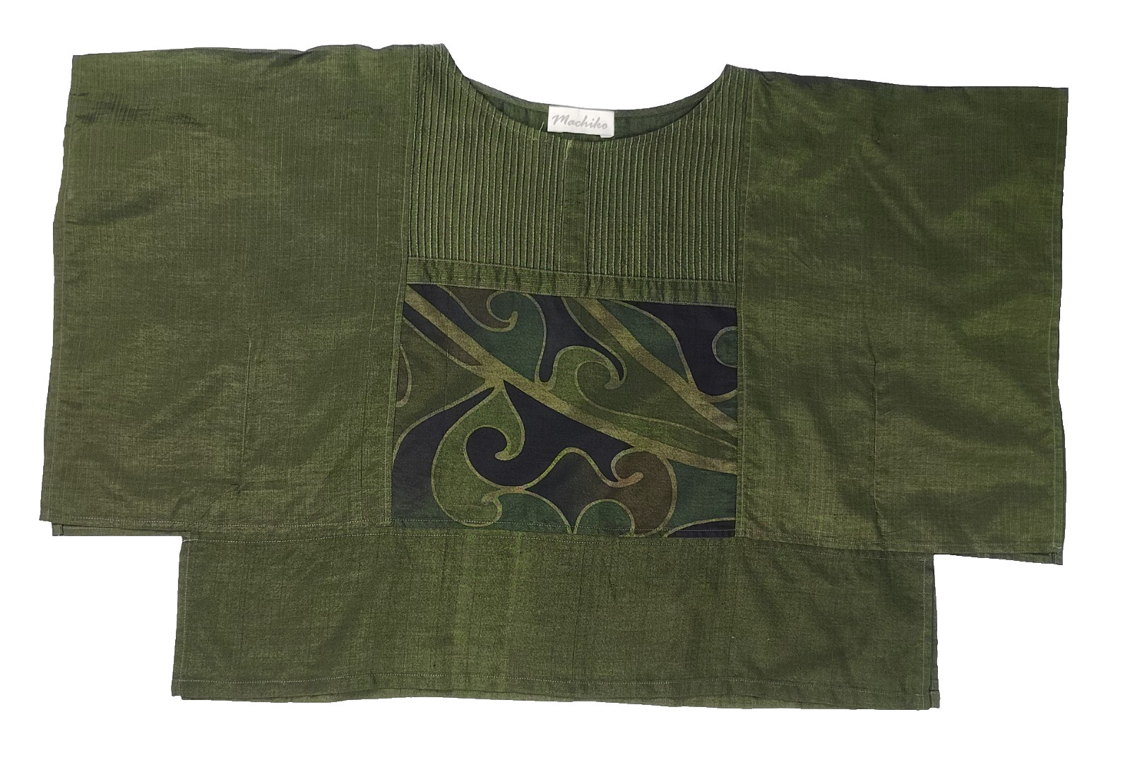 MACHIKO Top Green Silk Blend Asian Art to Wear Lagenlook One Size Kimono Blouse