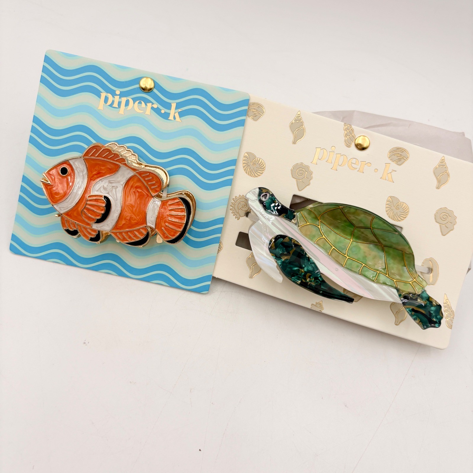 Piper K Clownfish and Sea Turtle Hair Clip Set Enamel Resin Nautical Accessory