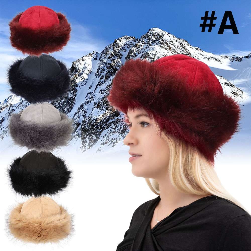 Women Winter Fake Fur Hat Mongolian Cap Warm Beanie W/Soft Fluffy Fur Brim Hat