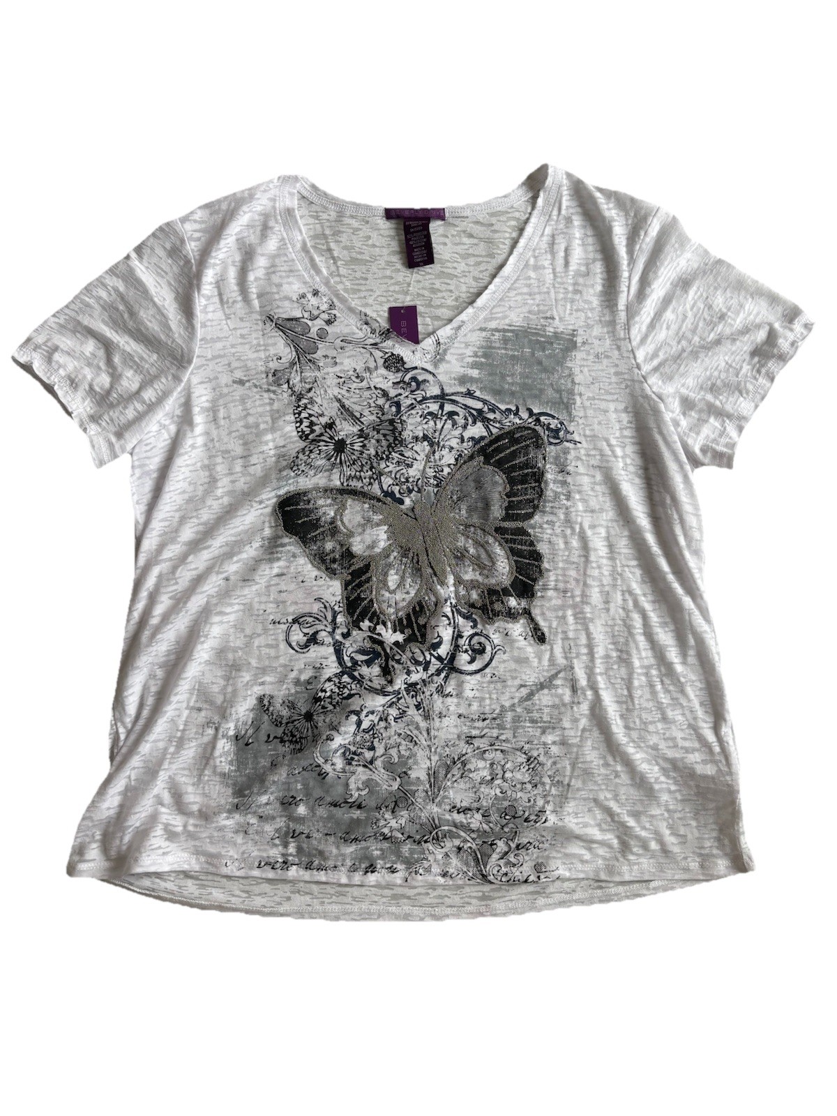 Beverly Drive Women’s Y2K 3X Plus White Knit V-Neck Tee Butterfly Graphic Beaded