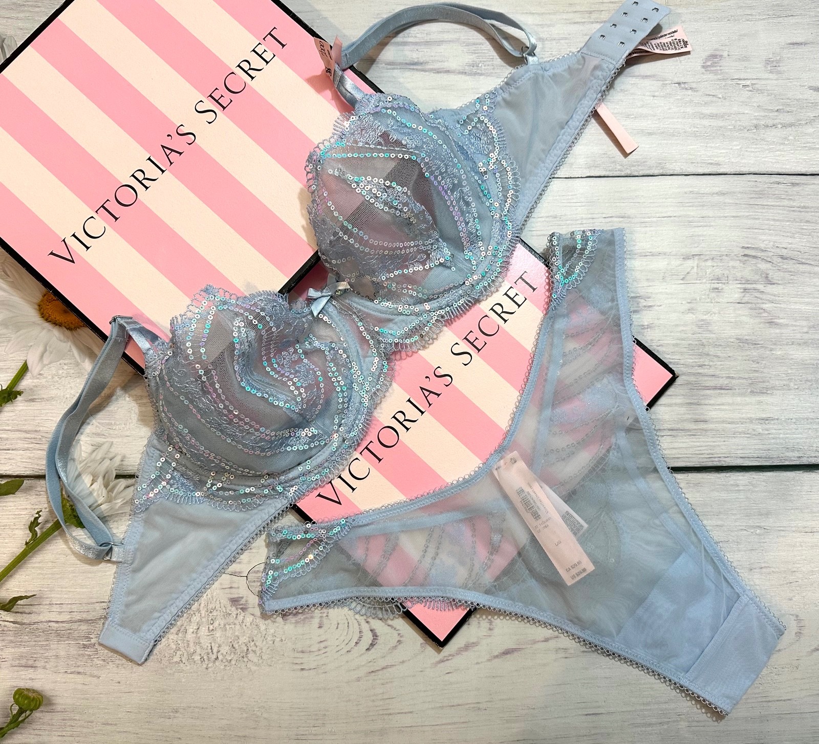 Victoria’s Secret Wicked Iridescent Embroidery Unlined Bra Panty Set Blue