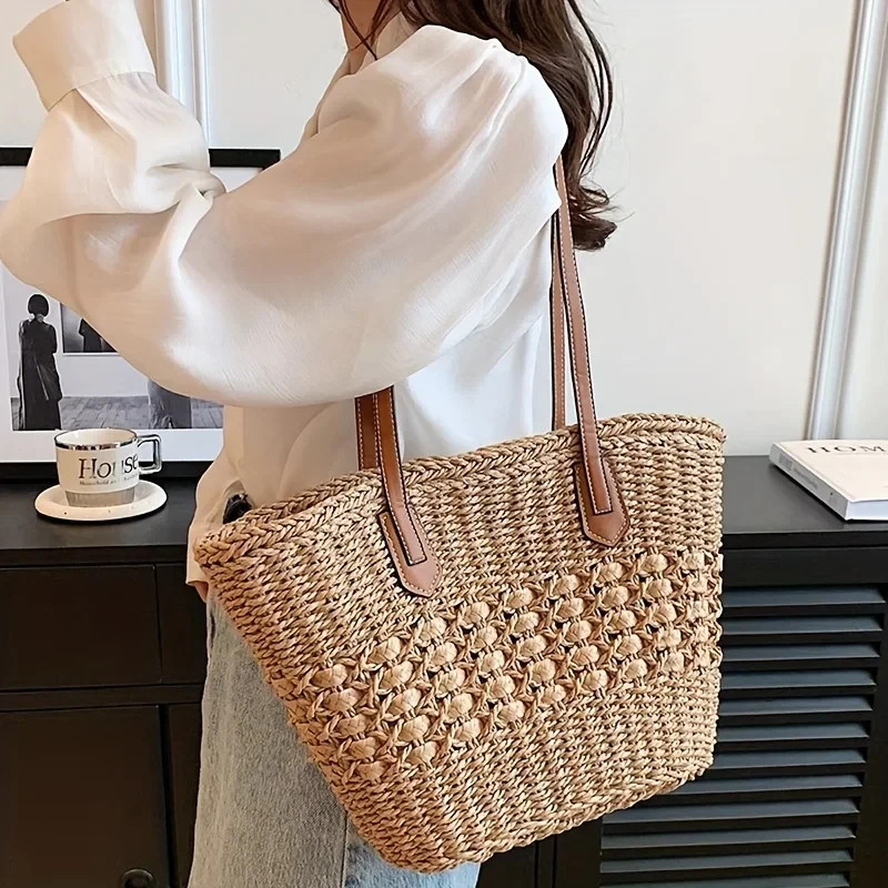 Women’s Hollow Straw Tote Bag Large Capacity Beach Travel Shopping Handbag