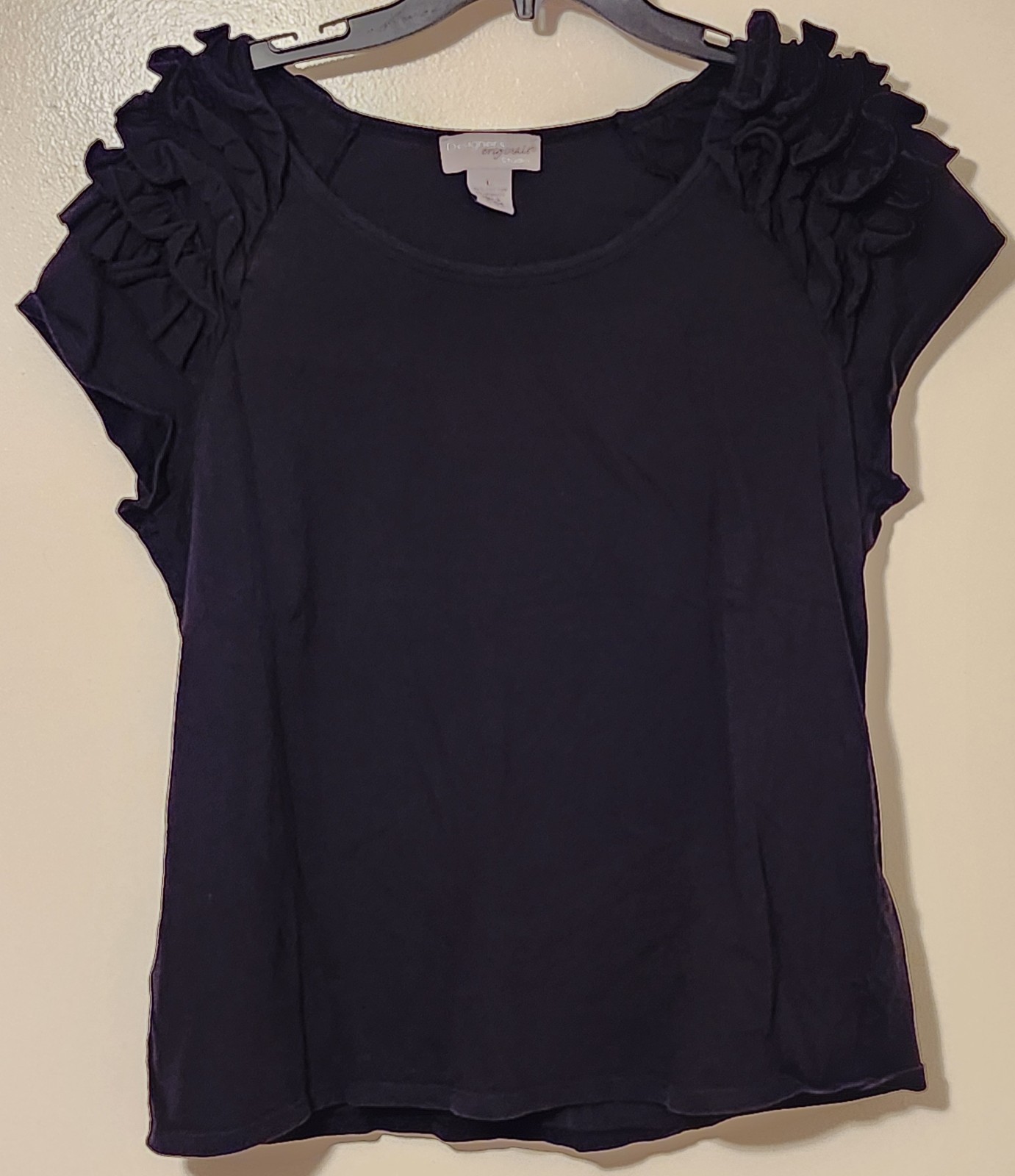 Designers Originals Black Blouse Sz L Ruffles On Short Sleeves Dress Shirt Casua
