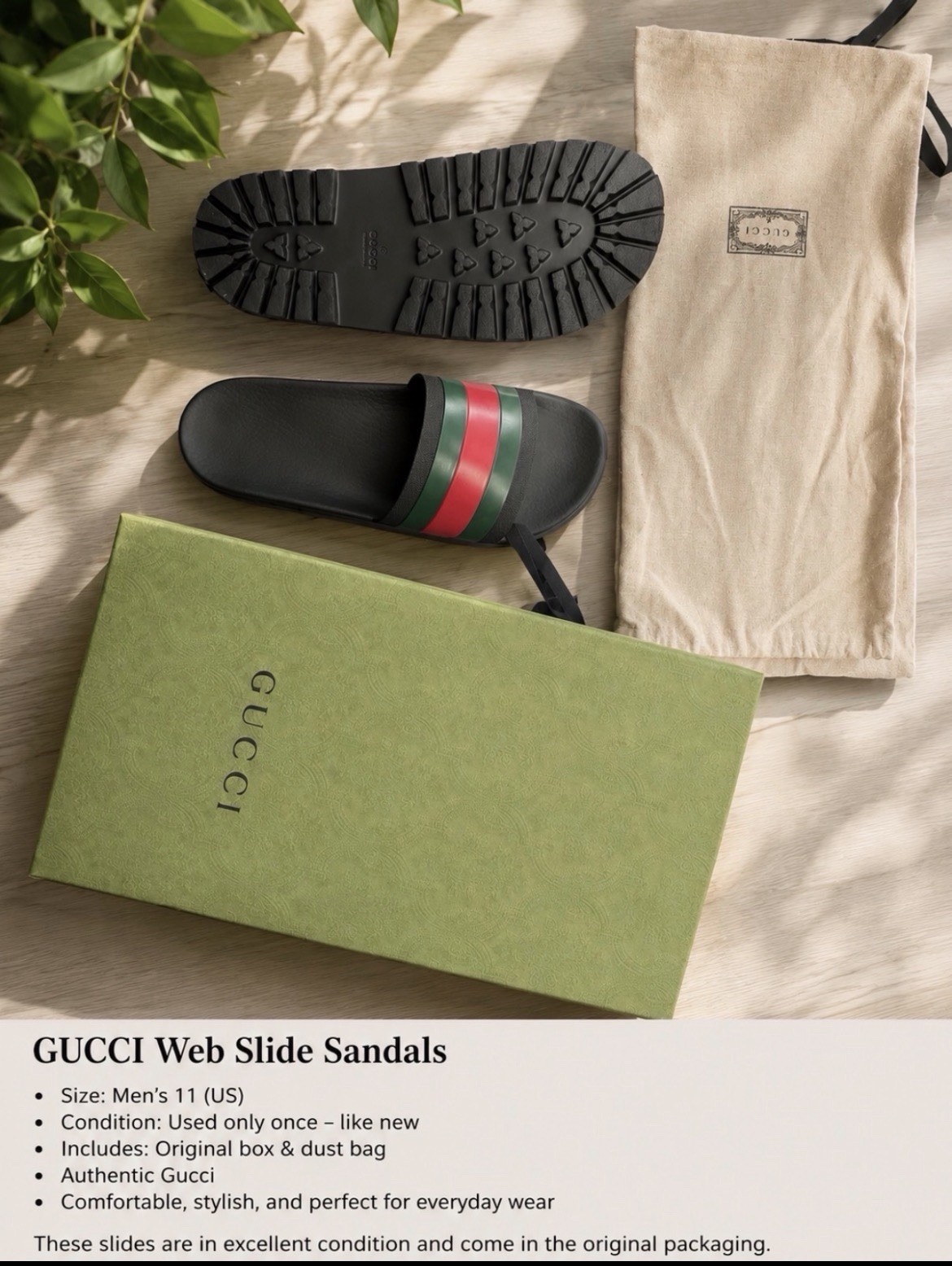 Gucci Web Slide Sandals Men’s US 11 Black/Green/Red Stripe Logo Rubber