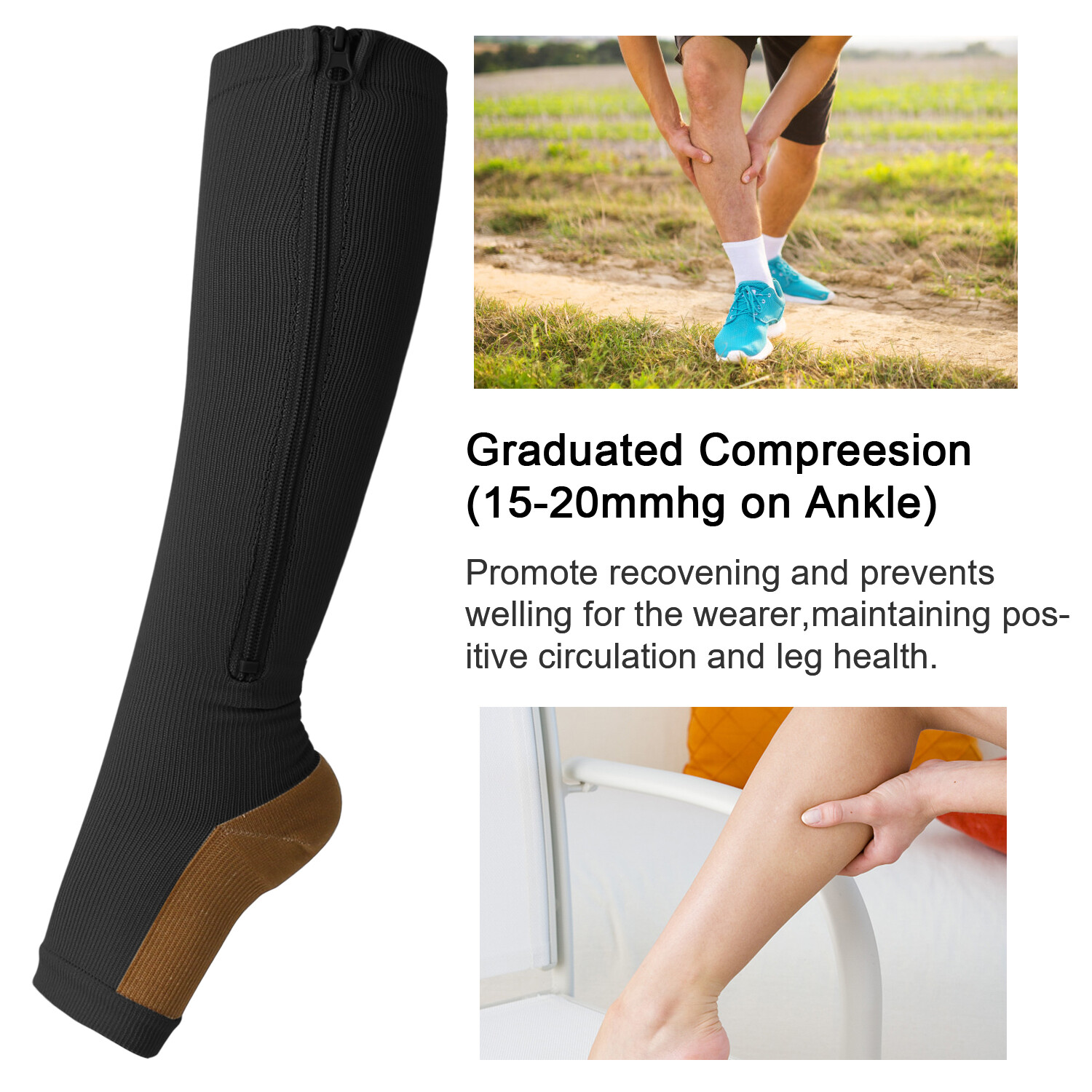 Zipper Compression Socks Stockings Women Men Knee High Socks 20-30 mmHG Open