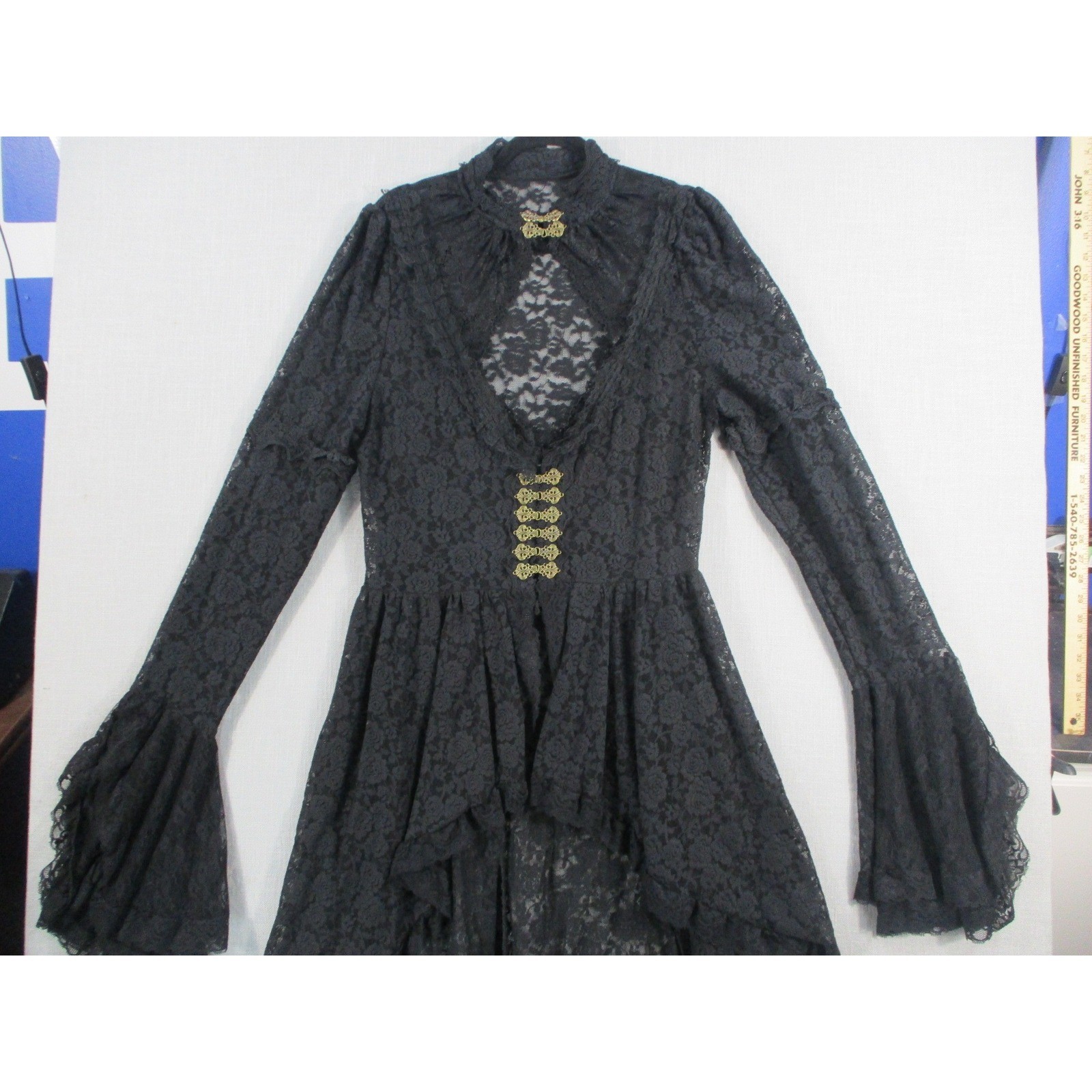Gothic Black Lace High Low Dress Bell Sleeve Victorian Steampunk Dress Top