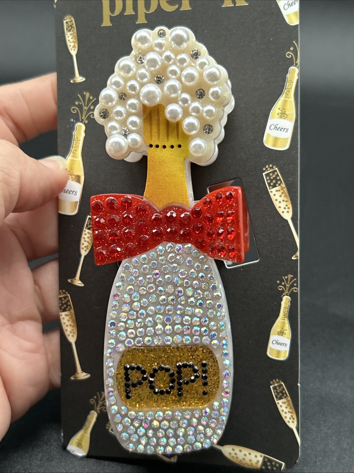 Piper K “Pop” Champagne Bottle Crystal Sequin Beaded Hair Clip Claw New Cute