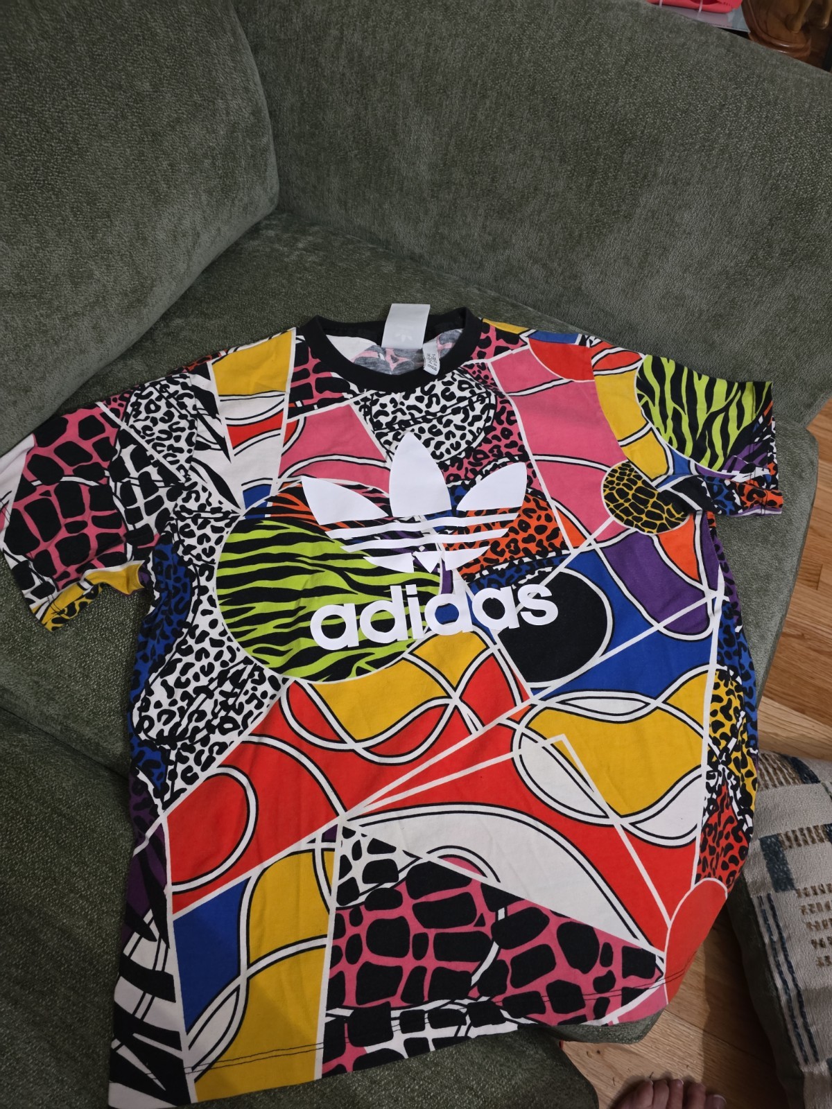 Adidas Shirt Women Large Multicolor Rich Mnisi Animal Print Allover Trefoil Logo