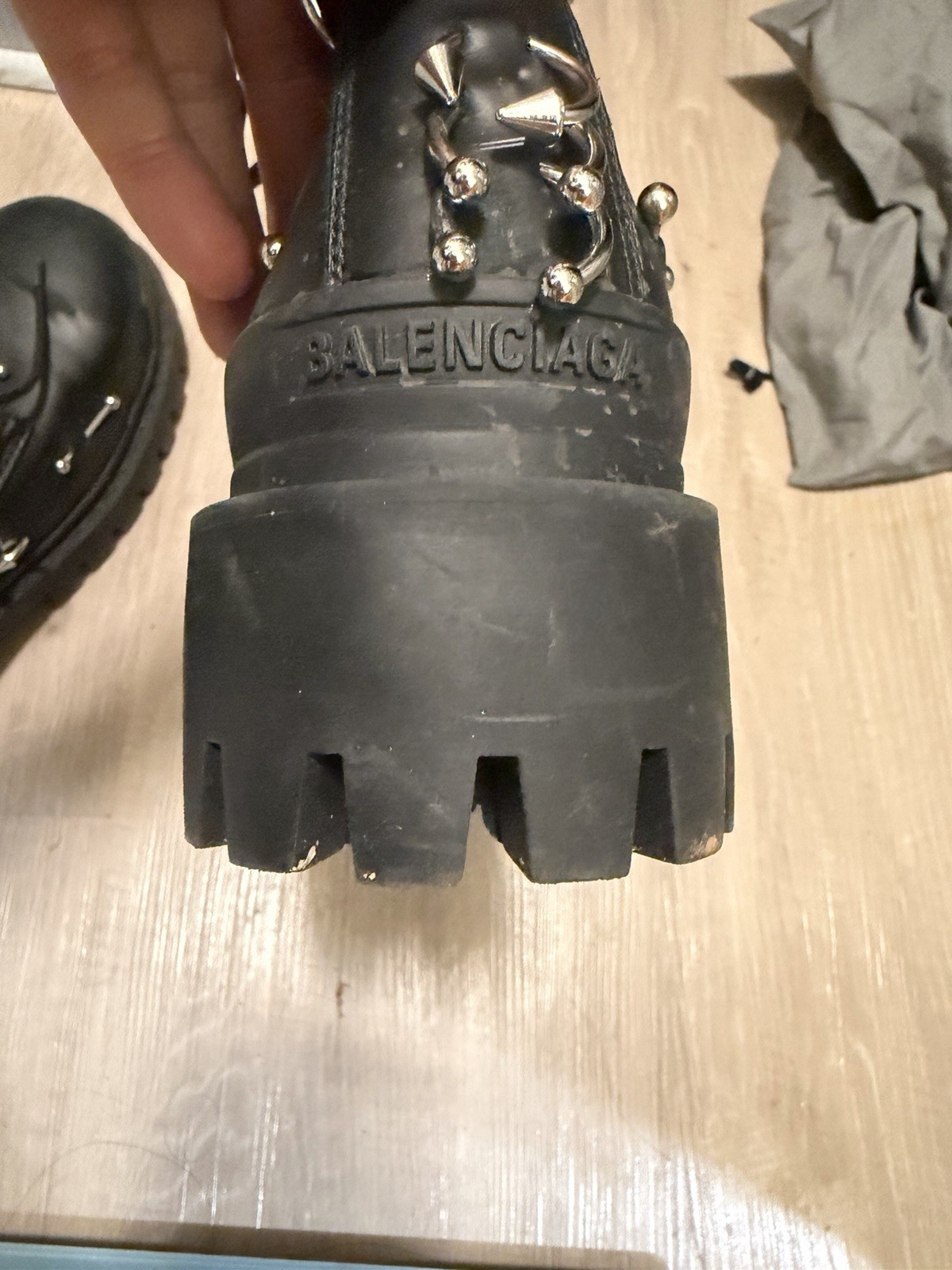 Balenciaga Men’s Black Leather Studded Strike Combat Ankle Boots Lace Up 12