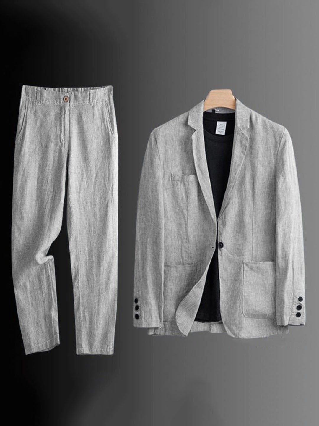 2 Pc Men Two Button Suit Summer Linen Causal Blazer Pants Coat Beach Jacket