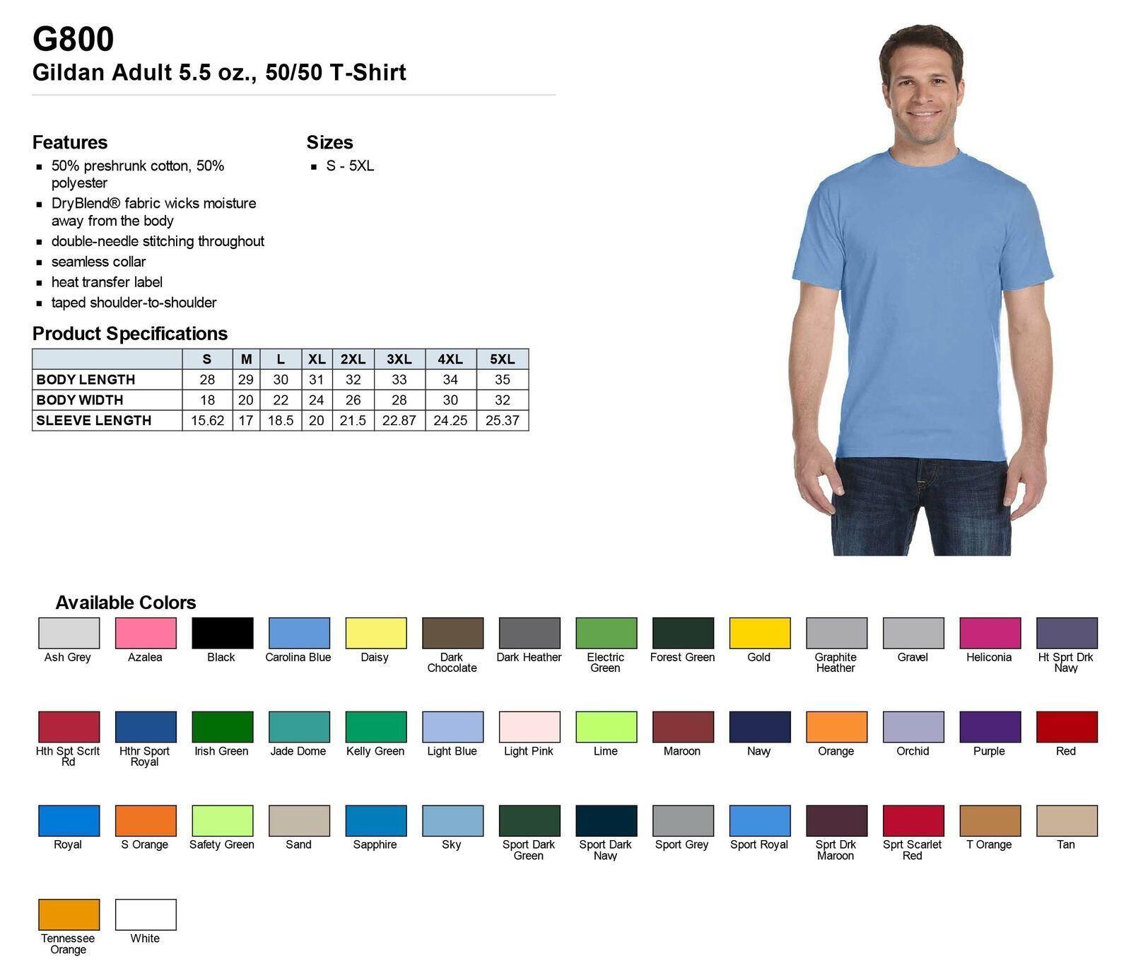 Gildan Mens T-Shirt Short Sleeves Preshrunk DryBlend 50/50 Big Sizes B-G800