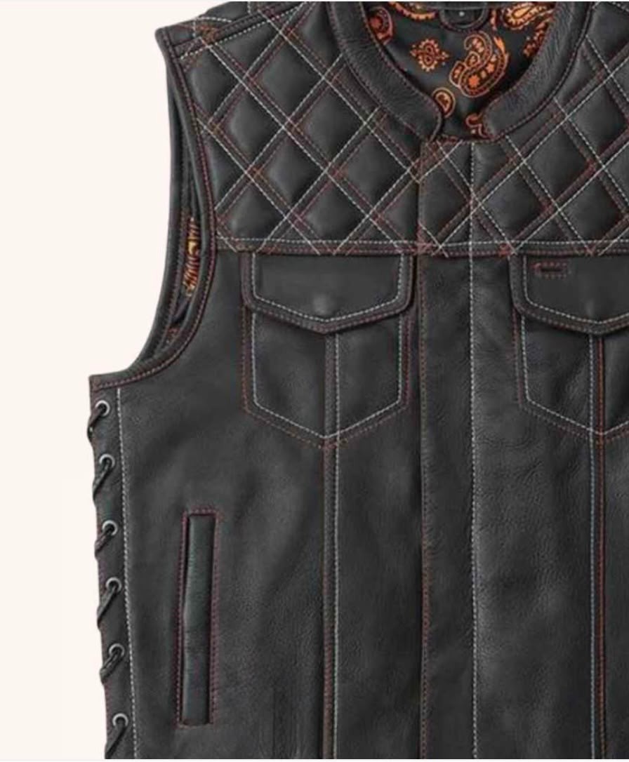 Mens Distressed Leather Motorcycle Vest Biker Club Riding Lace Side Black