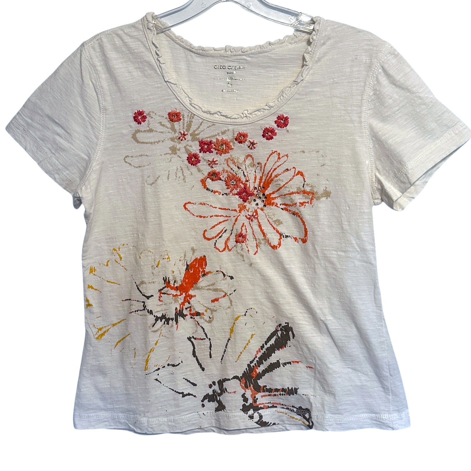 Oleg Cassini Sport Floral Vintage Tee Womens Medium White Embellished Casual Top