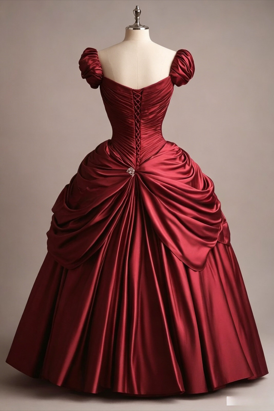 Burgundy Satin Off-Shoulder Ball Gown Prom Wedding Dresses With Puff Sleeves