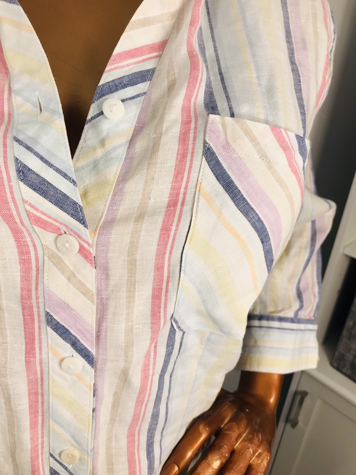 Chico’s 3 or XL Top Striped Soft 100% Linen Button Up Shirt 3/4 Sleeves Low Cut