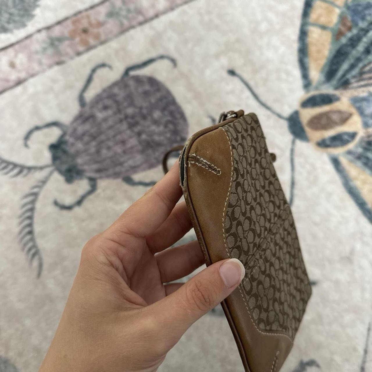 Coach Signature Brown Tan Wristlet Zip Wallet w/ Wrist Strap & Card Slots