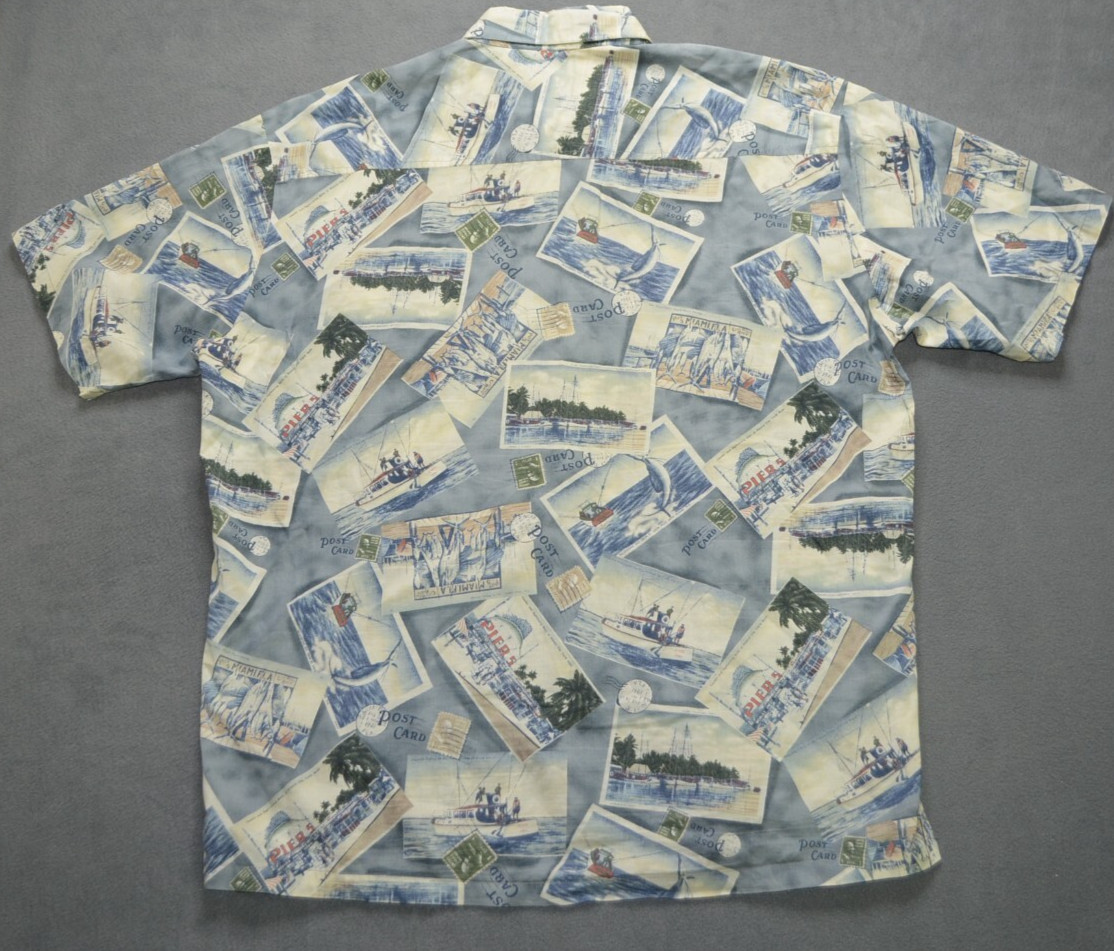 Kahala Hawaiian Islands Shirt Mens XL Fish Boats Postcards Print Cotton Lawn