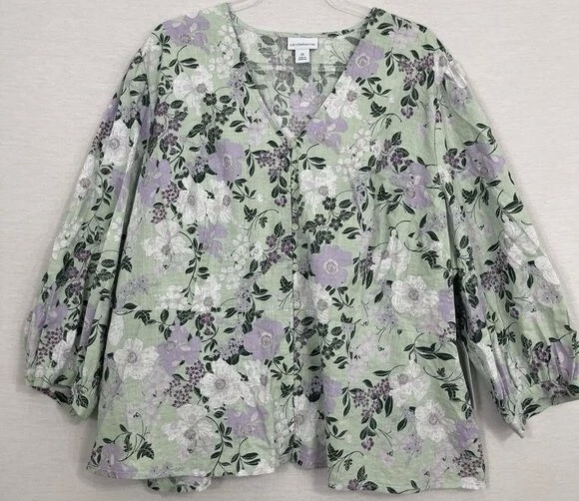 Liz Claiborne Women’s XL Floral V-Neck Long Sleeve Blouse Green Purple White