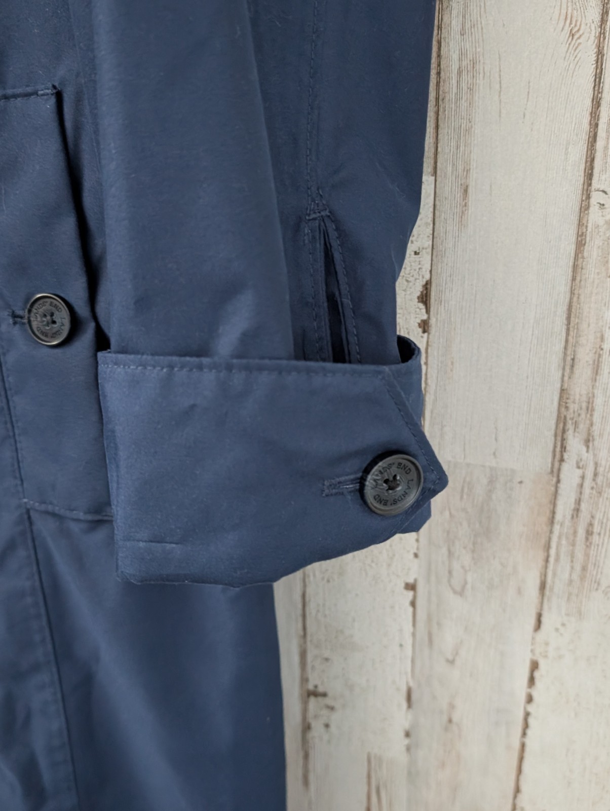 Lands End Long Rain Trench Overcoat Womans L Navy Blue Lined Pockets All Seasons