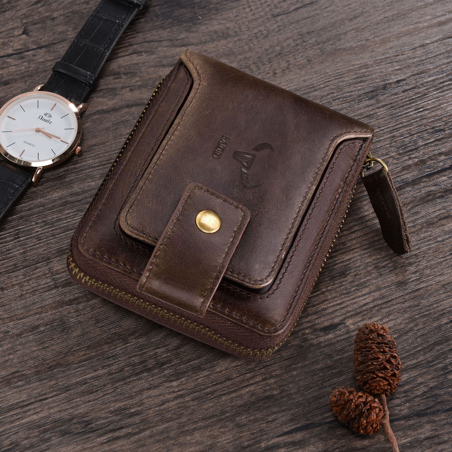 Mens Genuine Leather Bifold Wallet Around Zipper Credit ID RFID Card Holder US
