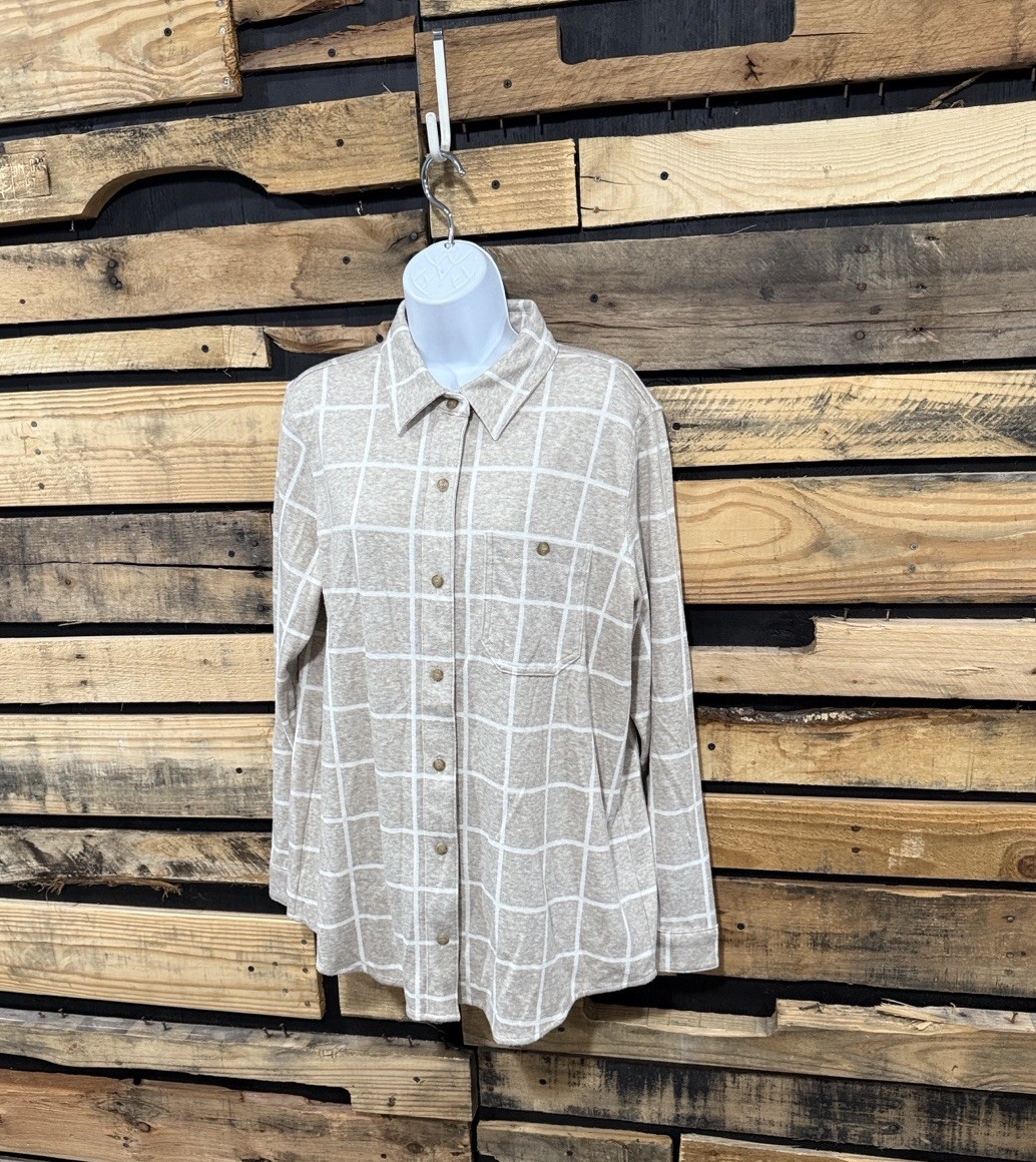 Women’s L.L.Bean Favorite Knit Shirt, Plaid Beige/White Size XL