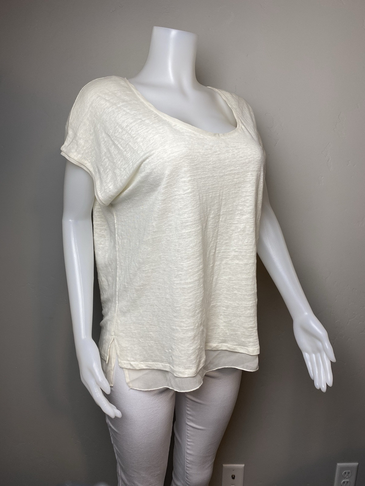 F. Vince Silk Top L Linen White Sand Blouse Cap Sleeve Round Neck NWT $175