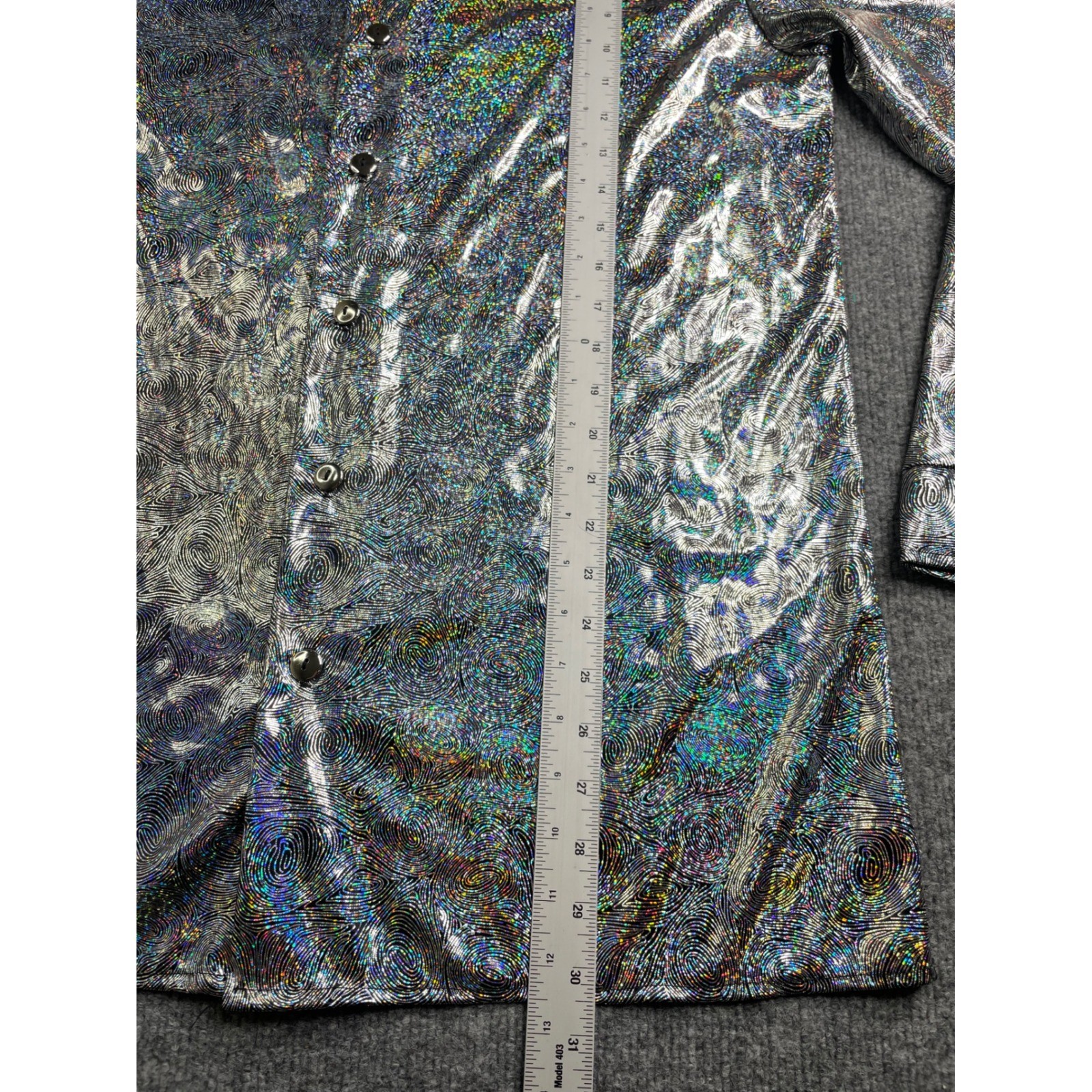 Charades Disco Shirt Mens Small Silver Holographic Swirl Button Up 01859