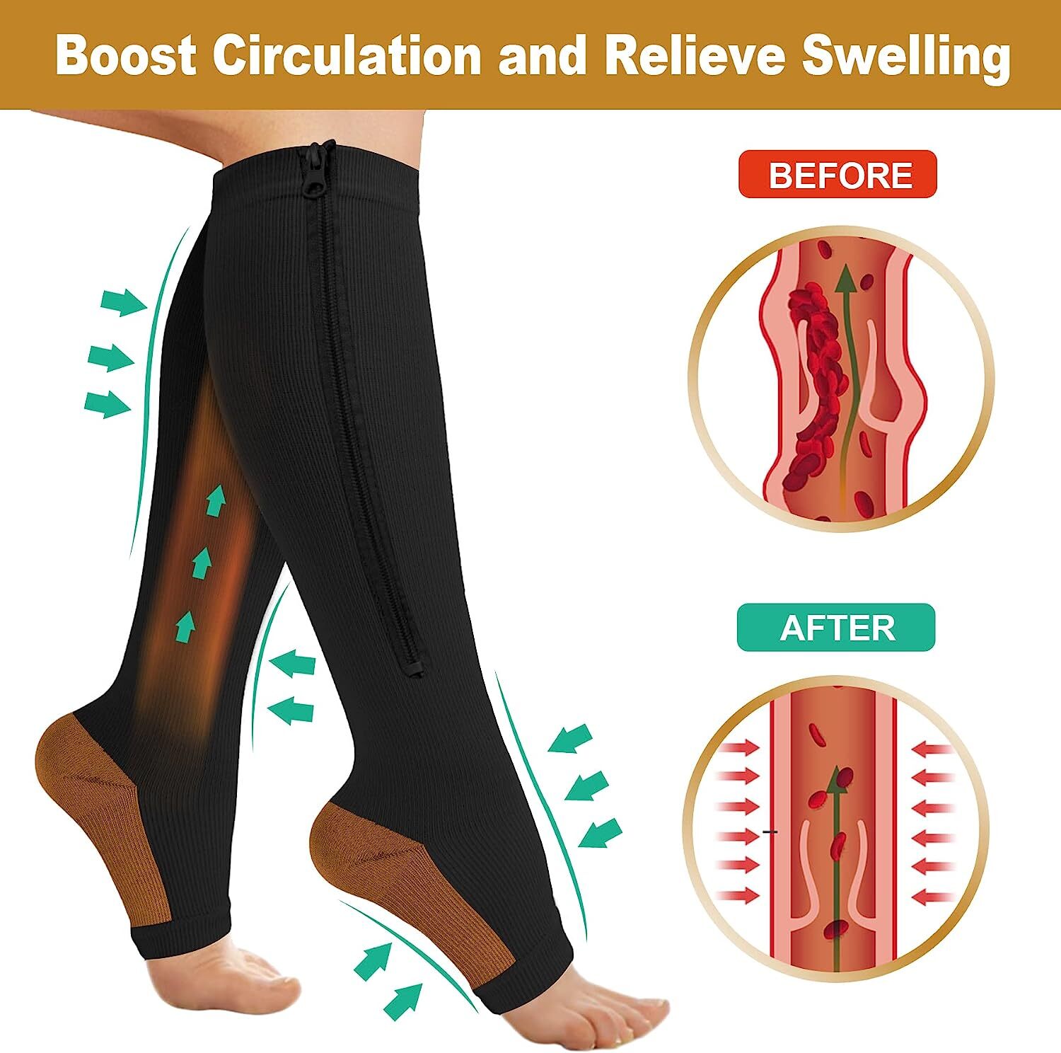 Zipper Compression Socks Stockings Women Men Knee High Socks 20-30 mmHG Open
