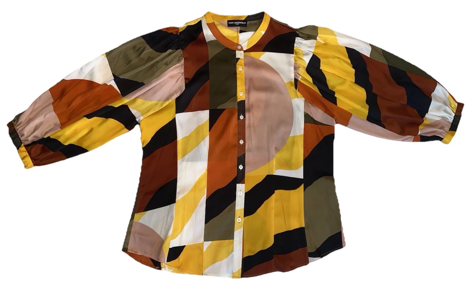 KARL LAGERFELD PARIS Women’s L Multicolor Geometric Button Blouse Balloon Sleeve