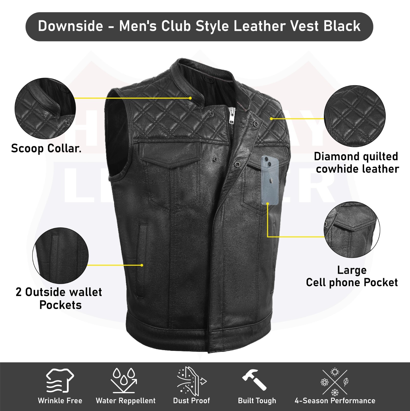 MEN BLACK CROSS STITCH VEST BUFFALO LEATHER HL11693SPT