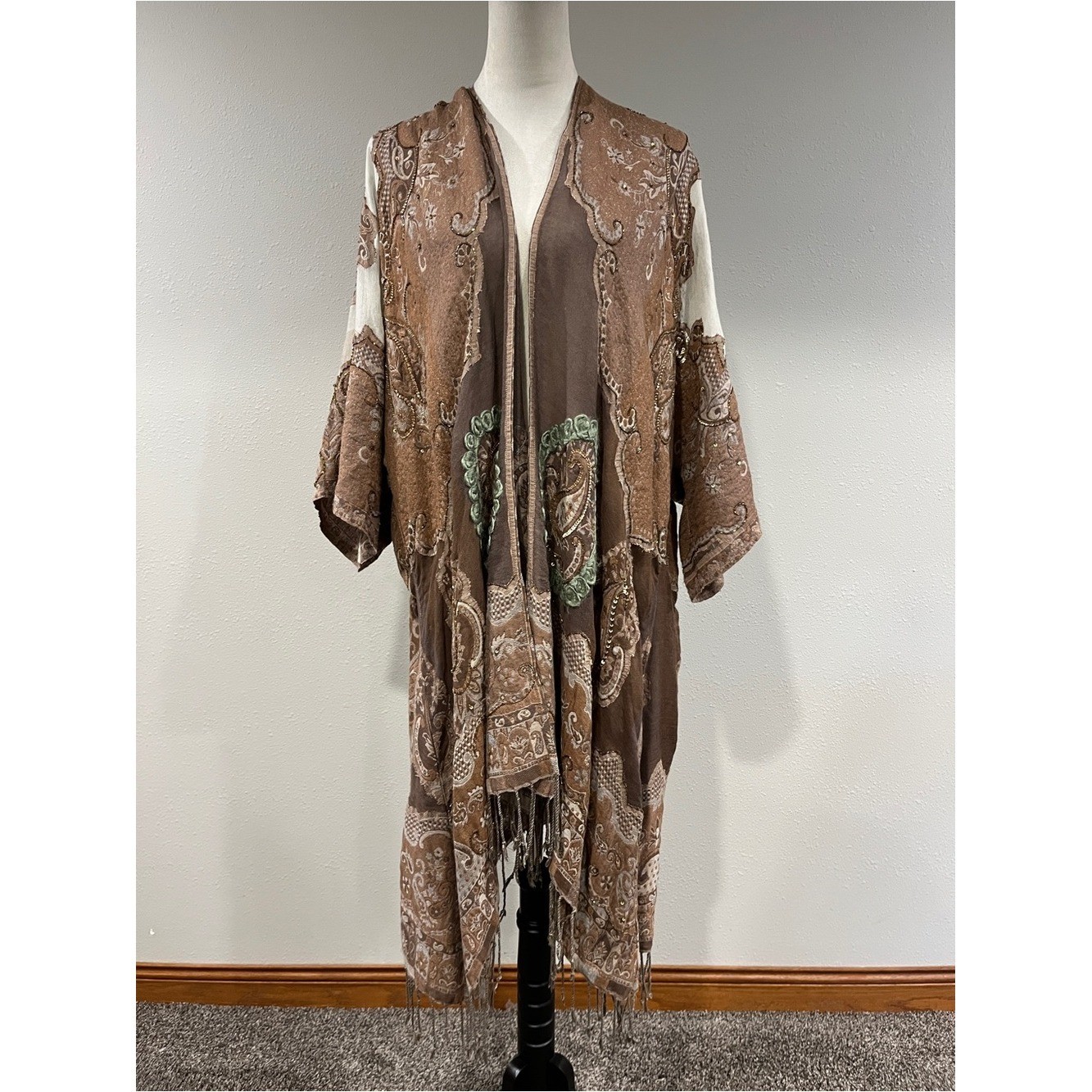 Soft Surroundings Brown Paisley beaded sequins Fringe Kimono