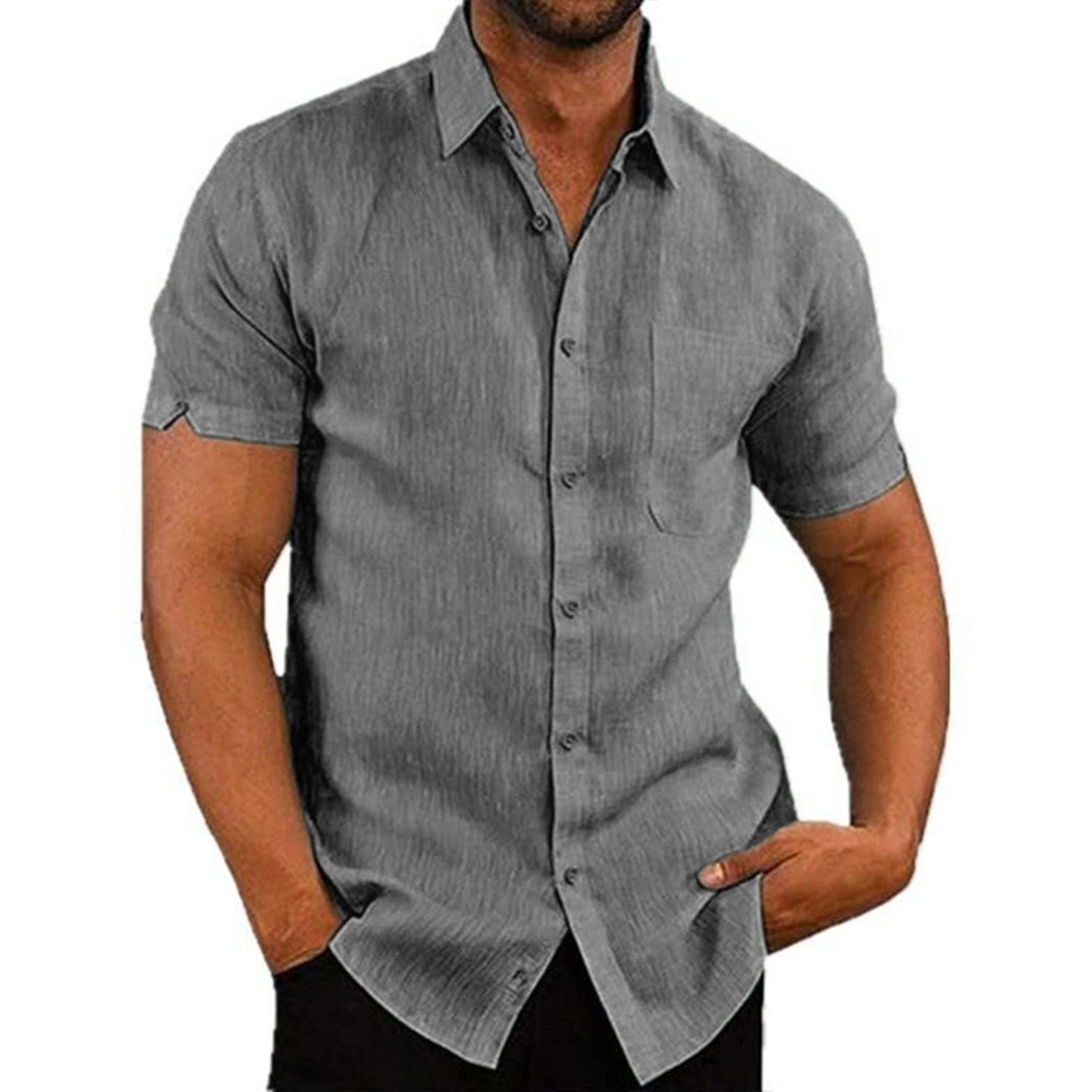 Mens Solid Short Sleeve Button Turn Down Collar Casual Blouse Casual T-shirt Top