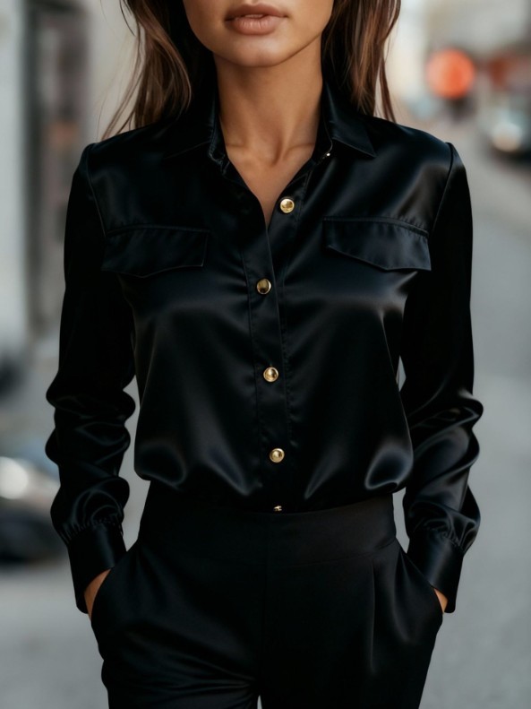 Women Satin Button Down Shirt Long Sleeve Collared Solid Casual Office Blouse