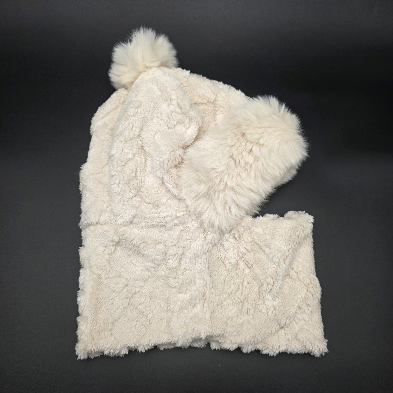 Ivory Winter Knit Soft Fluffy Balaclava Beanie Hat and Scarf Attached Ball Top