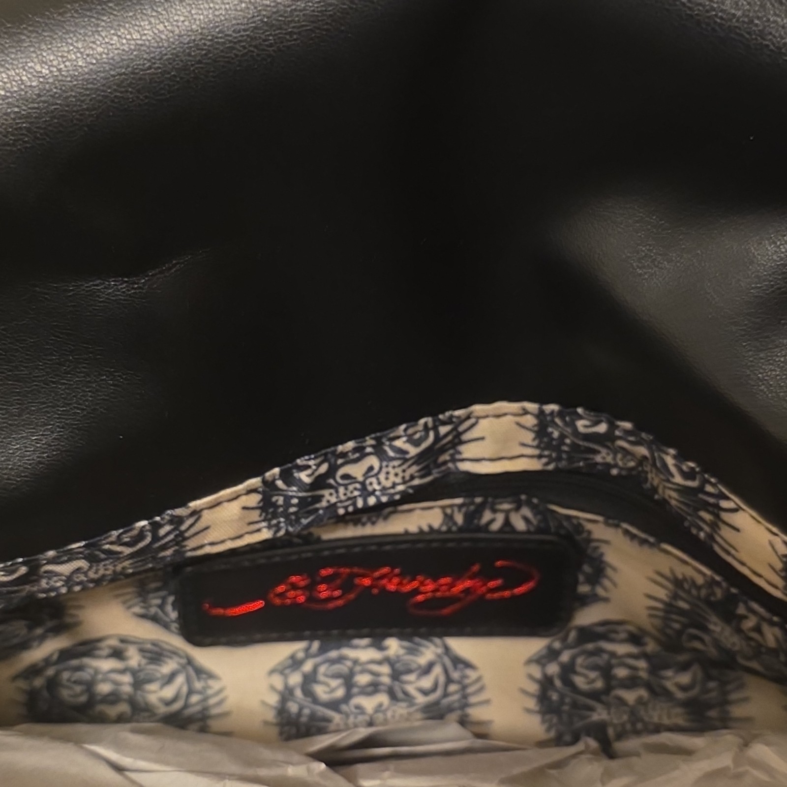 Ed Hardy Black/Red Logo Skull Crossbody Bag Zip, Detachable Strap Pockets