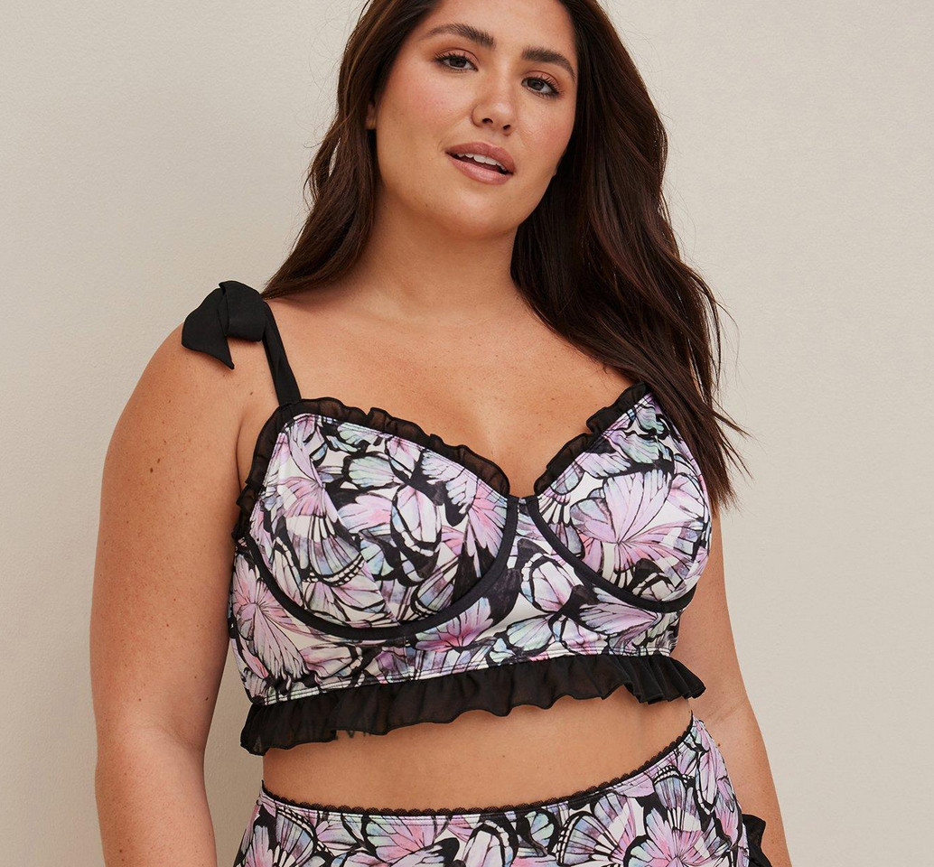 Torrid Underwire Ruffle Bra Bralette sz 1 Butterfly Windows Black Tie Strap NWT