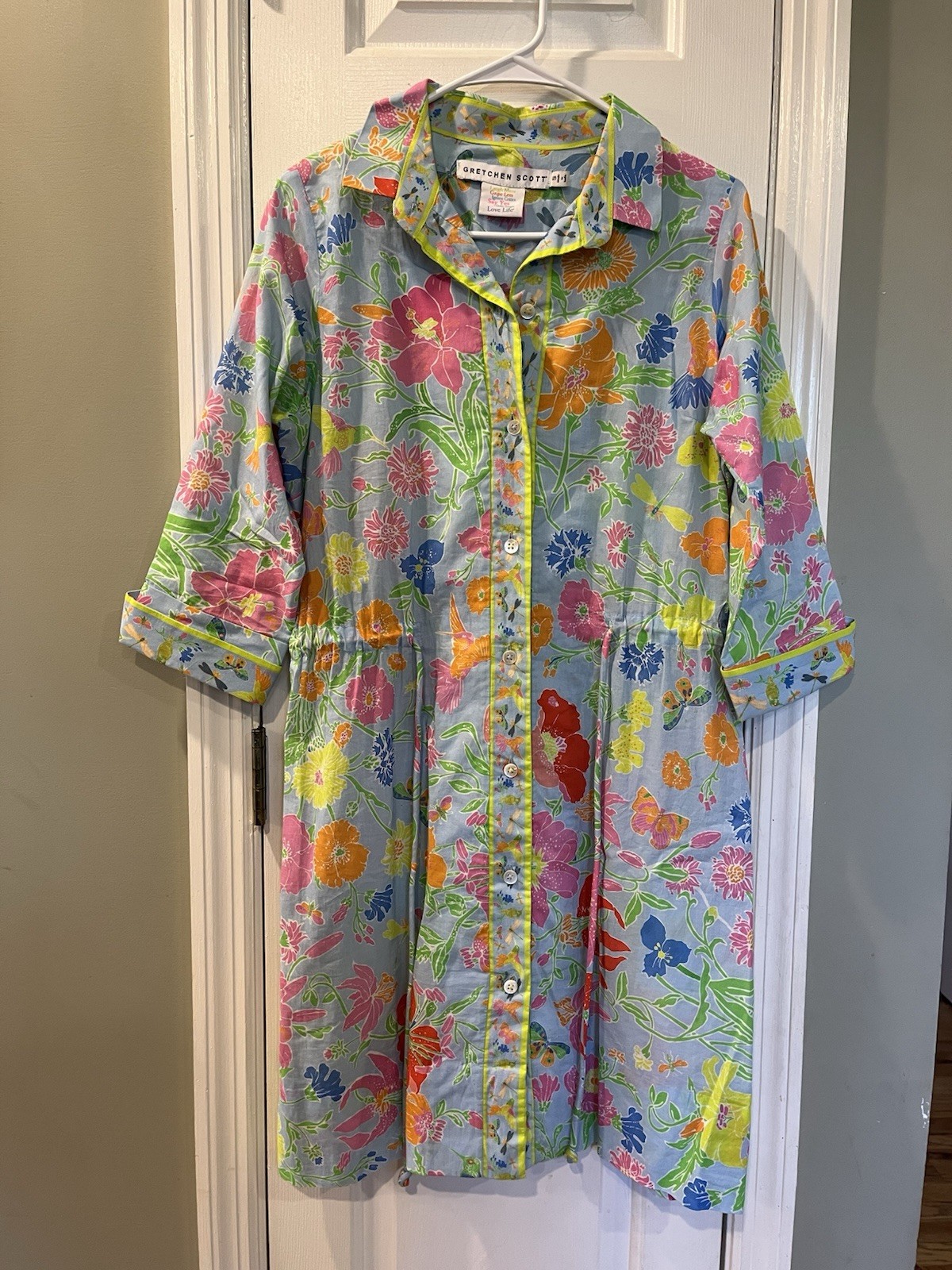 Gretchen Scott Hummingbird Heaven Cotton Shirt Dress – Dragonfly Floral Small