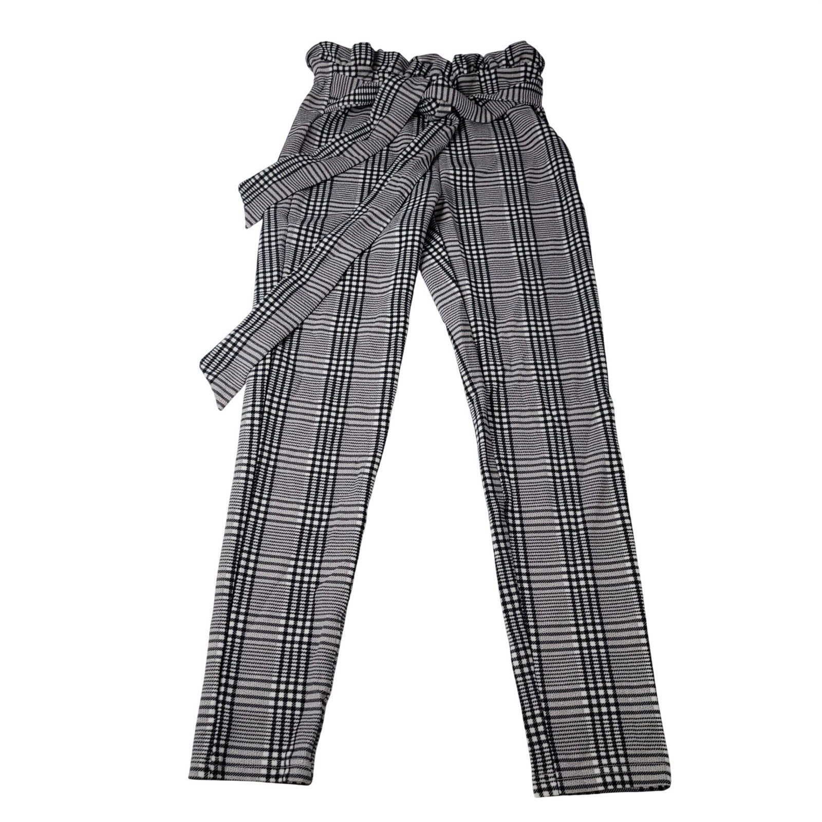 Unbranded Womens Plaid Paperbag Waist Pants Black White Checkered Belted Small